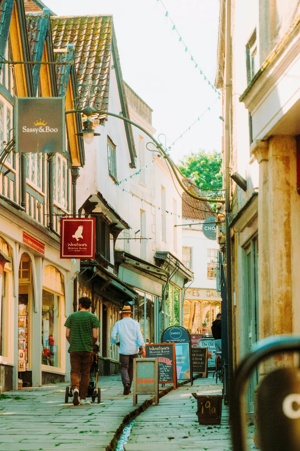 Cheap Street in Frome town centre, with independent shops and bunting
