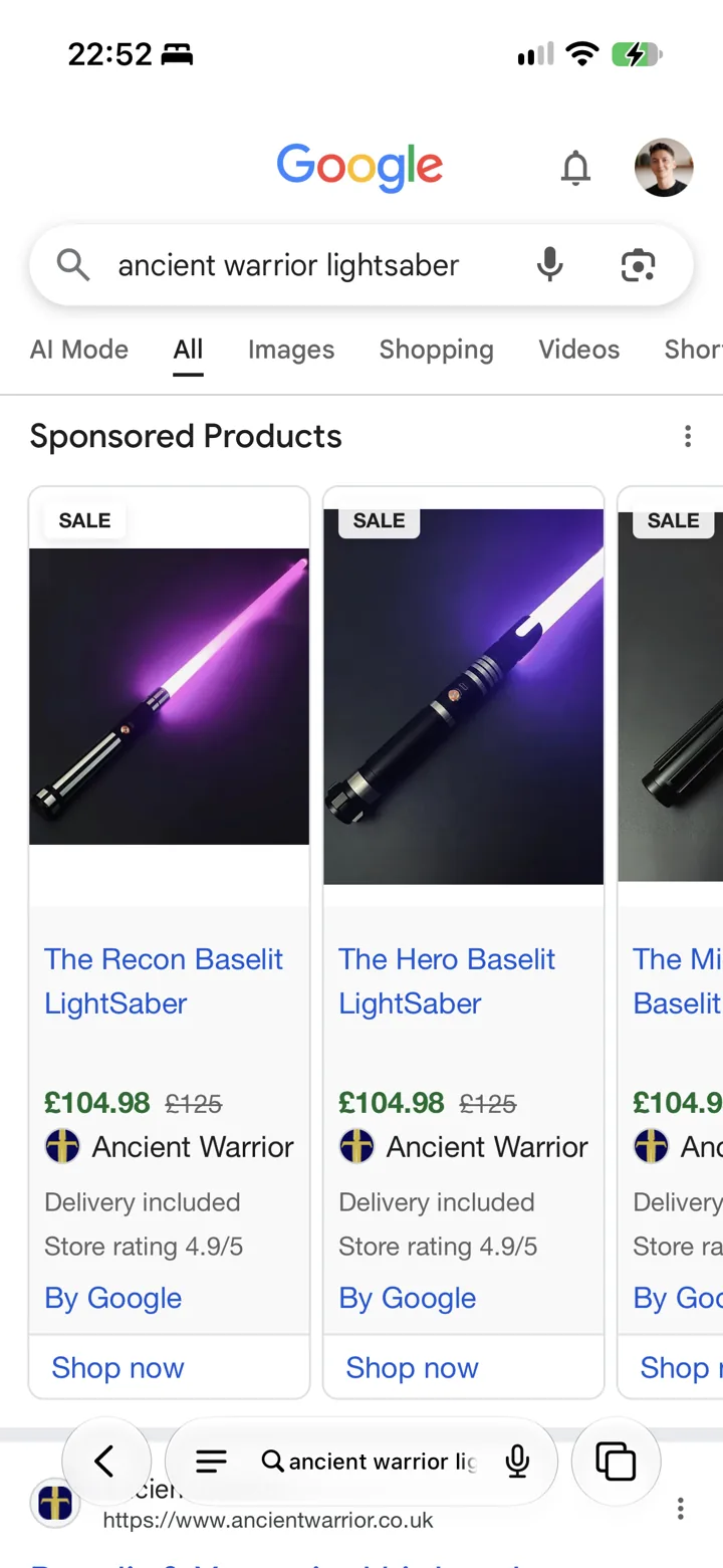 Ancient Warrior lightsabers in Google sponsored products