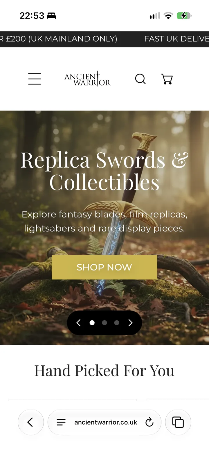 Ancient Warrior website on mobile