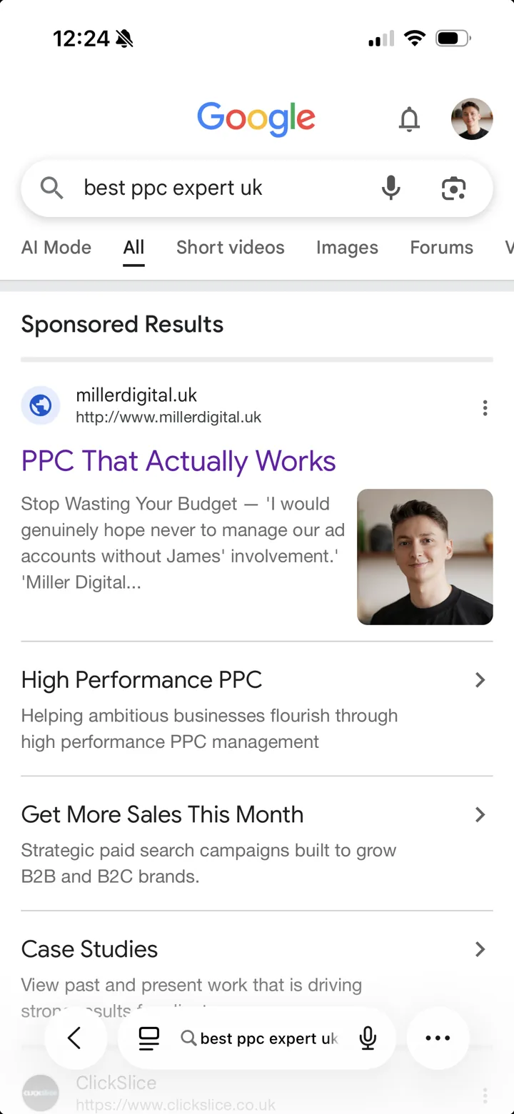 Miller Digital's own sponsored result on Google search