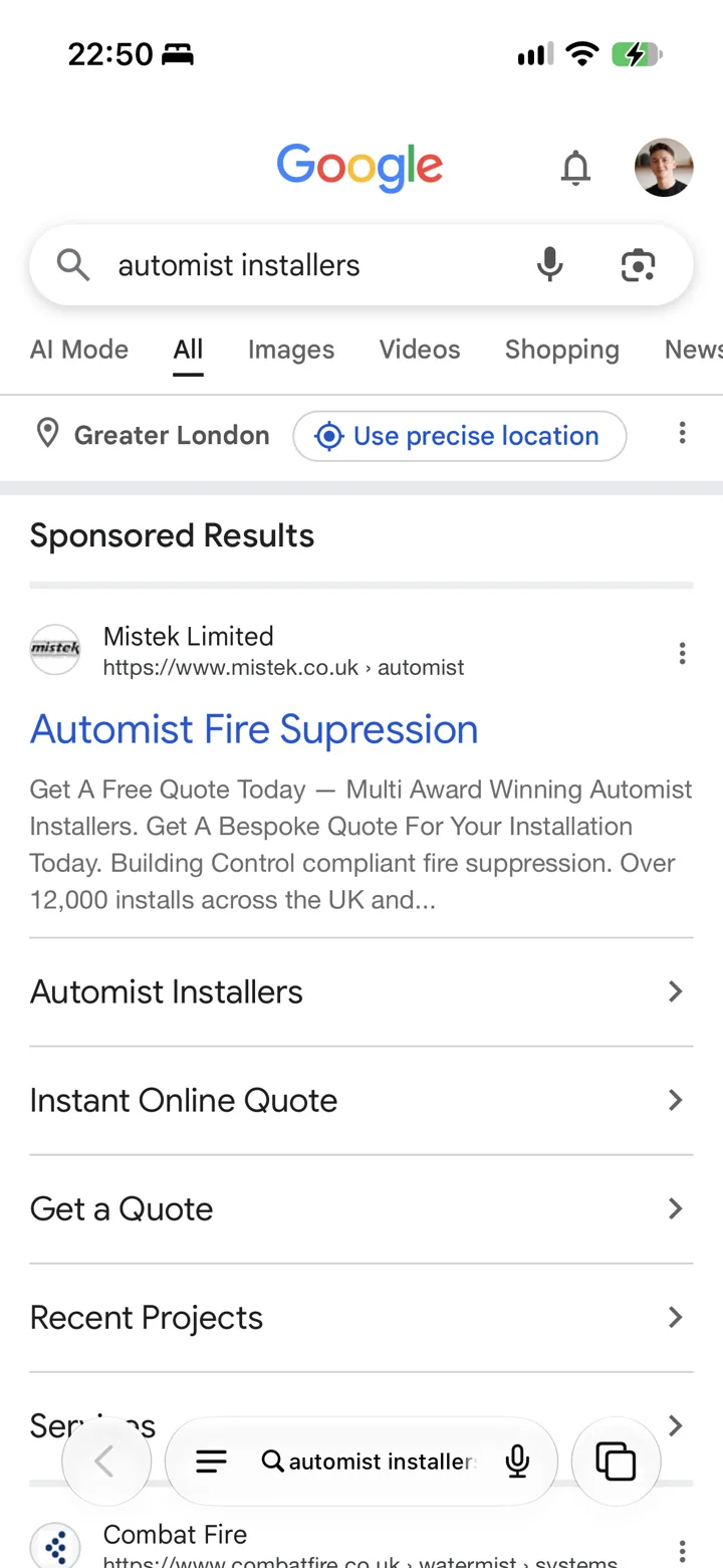 Mistek sponsored result on Google search