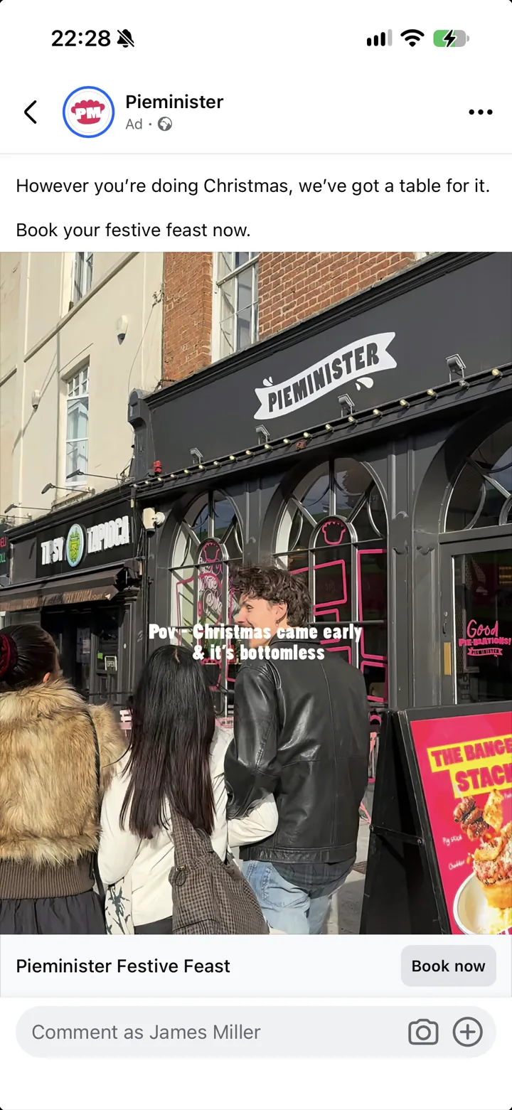 Pieminister festive feast video ad in the Facebook feed