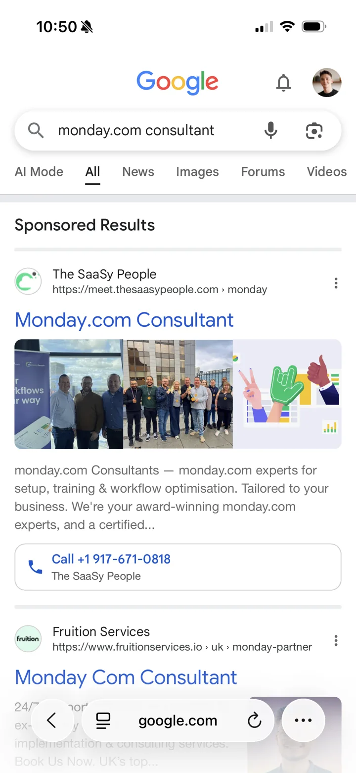 The SaaSy People's sponsored result on Google search