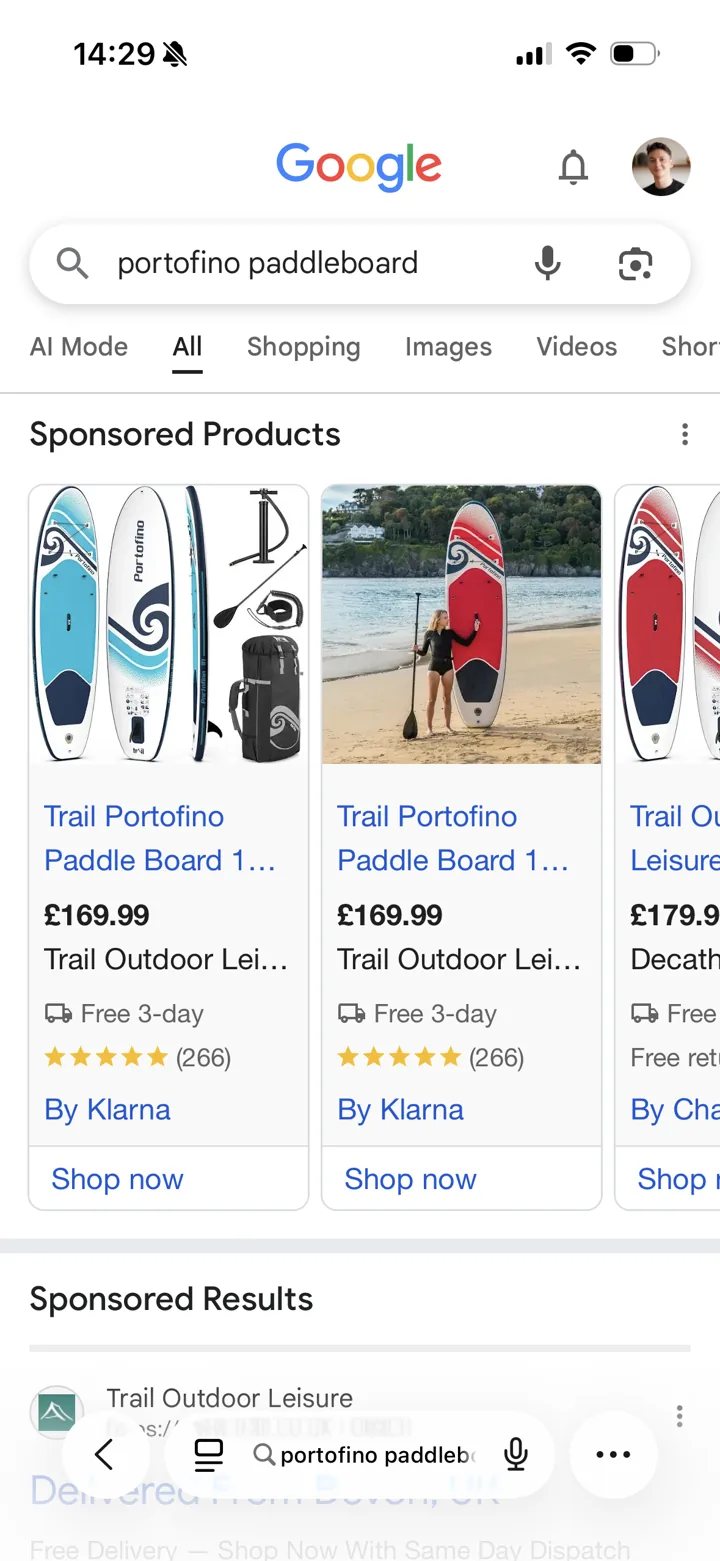 Trail Portofino paddleboards in Google's sponsored products on mobile